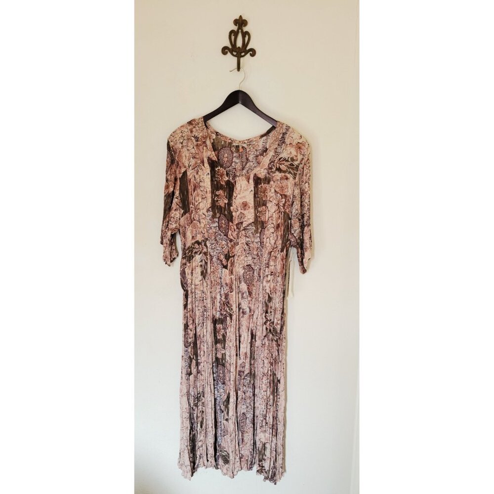 NWT Nostalgia Brown Maxi Dress 3X Pleated Cottage Boho 90s Patchwork Vintage